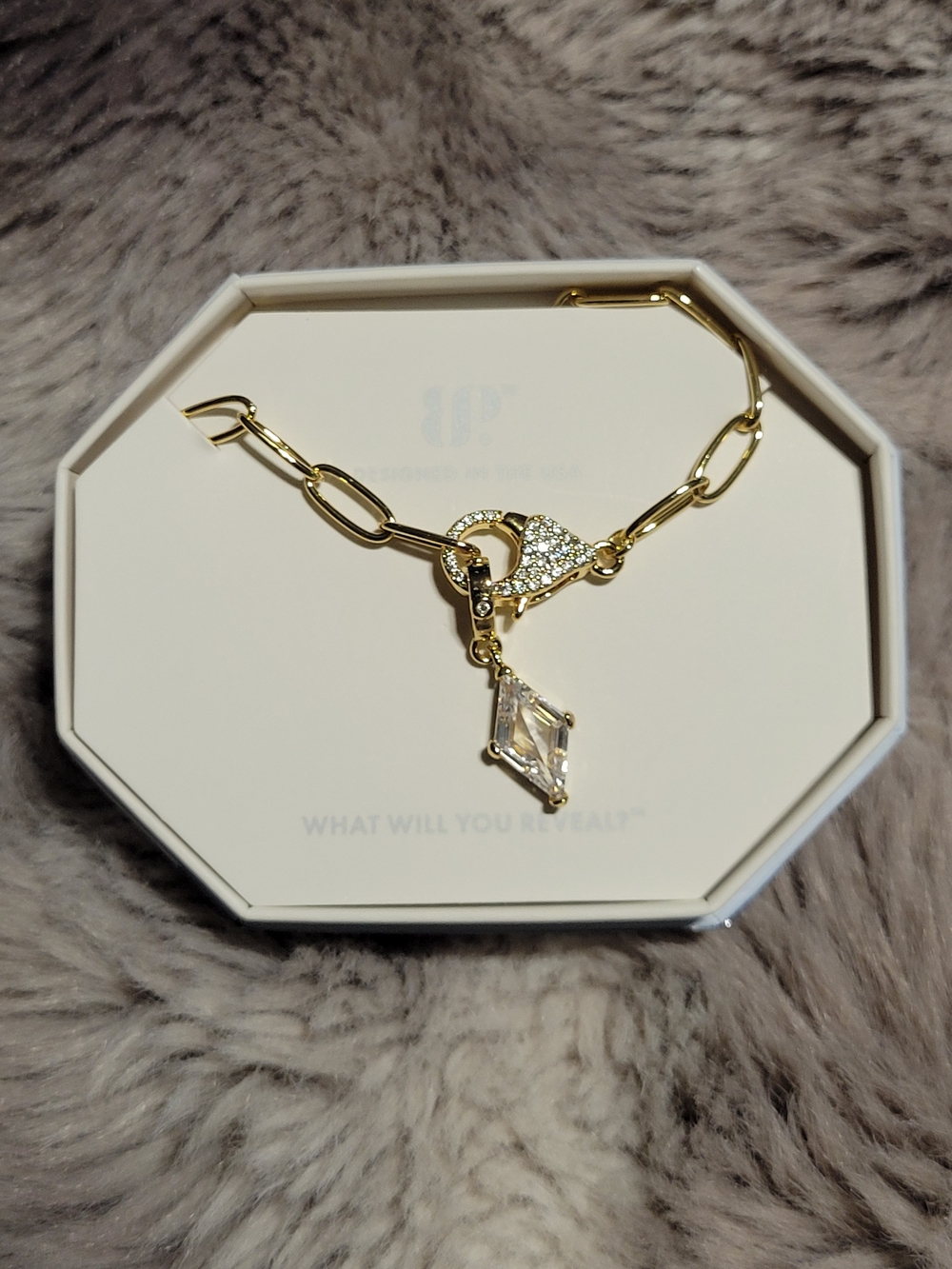 Gold Link Necklace with Crystal Charm and Pavé Clasp